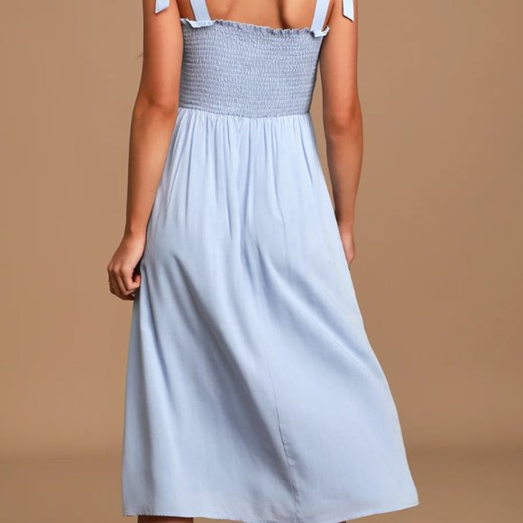 Lulu’s Looking Up Light Blue Smocked Tie-Strap Midi Dress Size XS - Picture 3 of 6